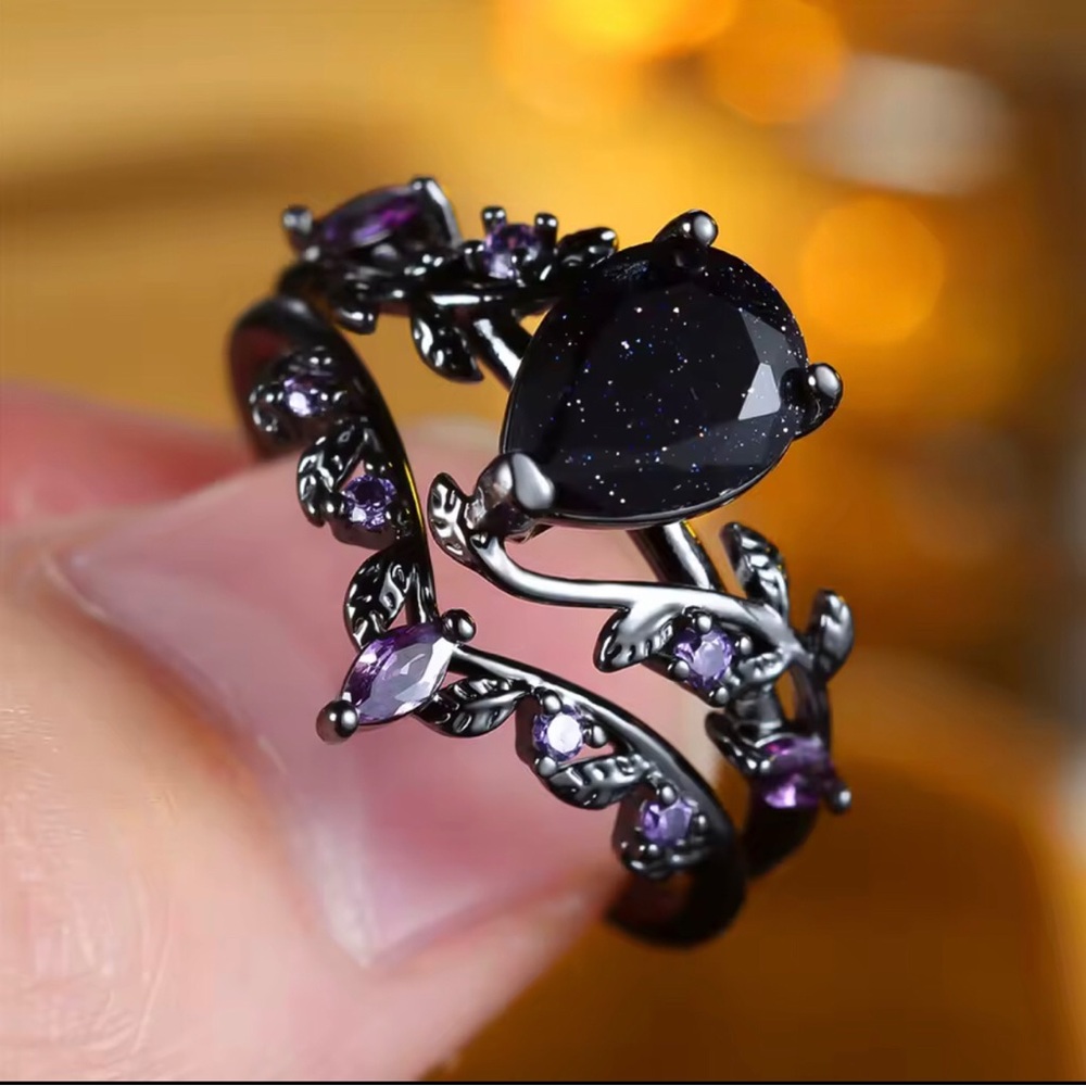 Black Goldstone and Purple Leaf Ring - Women Jewelry
